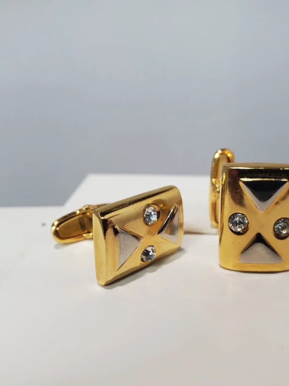 Vintage 14K Gold-Plated Brass & Rhinestone Tie Clip & Cufflinks 3-Piece Set